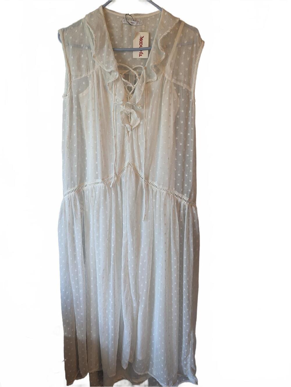 NWT White Sleeveless Swiss Dot Midi Dress with Ruffle Collar